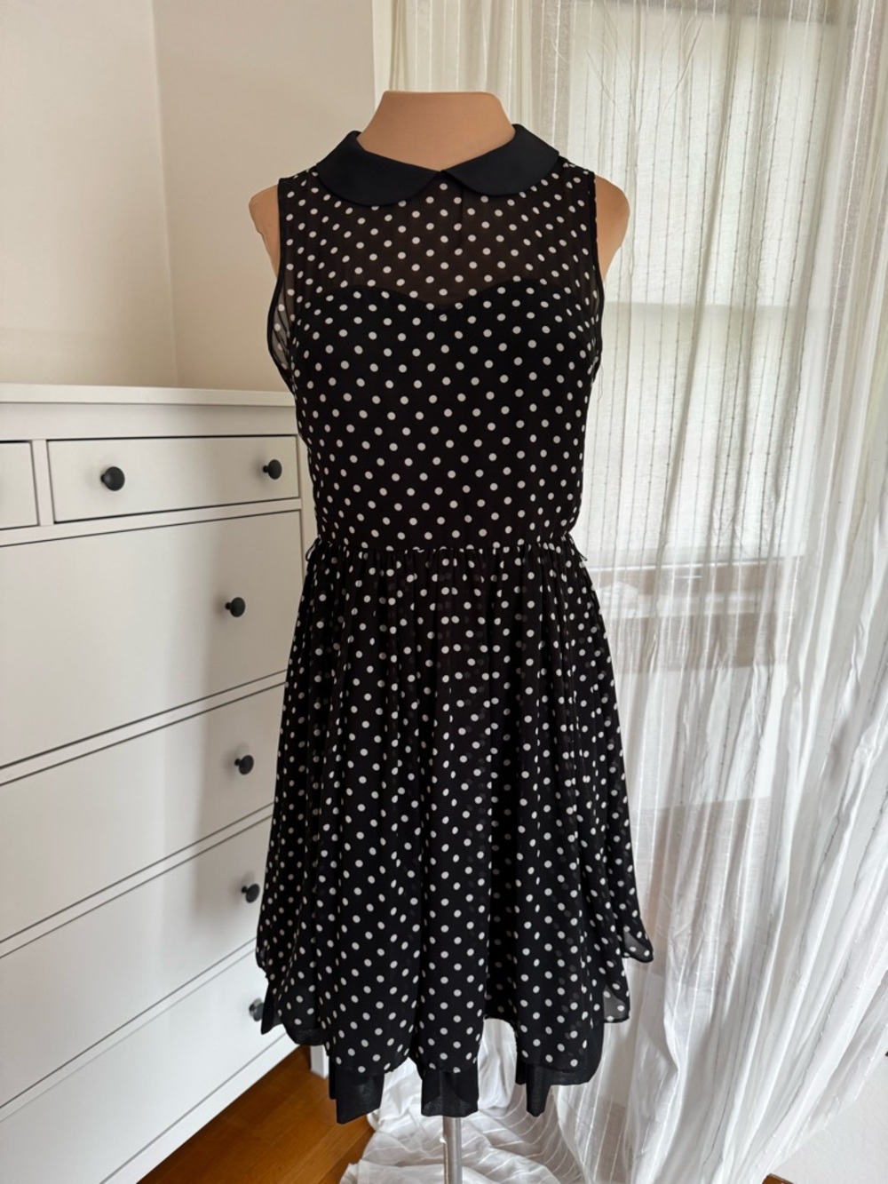 Betsy Johnson 10 Sleeveless Black Polka Dot Dress sheer bodice Peter Pan Collar